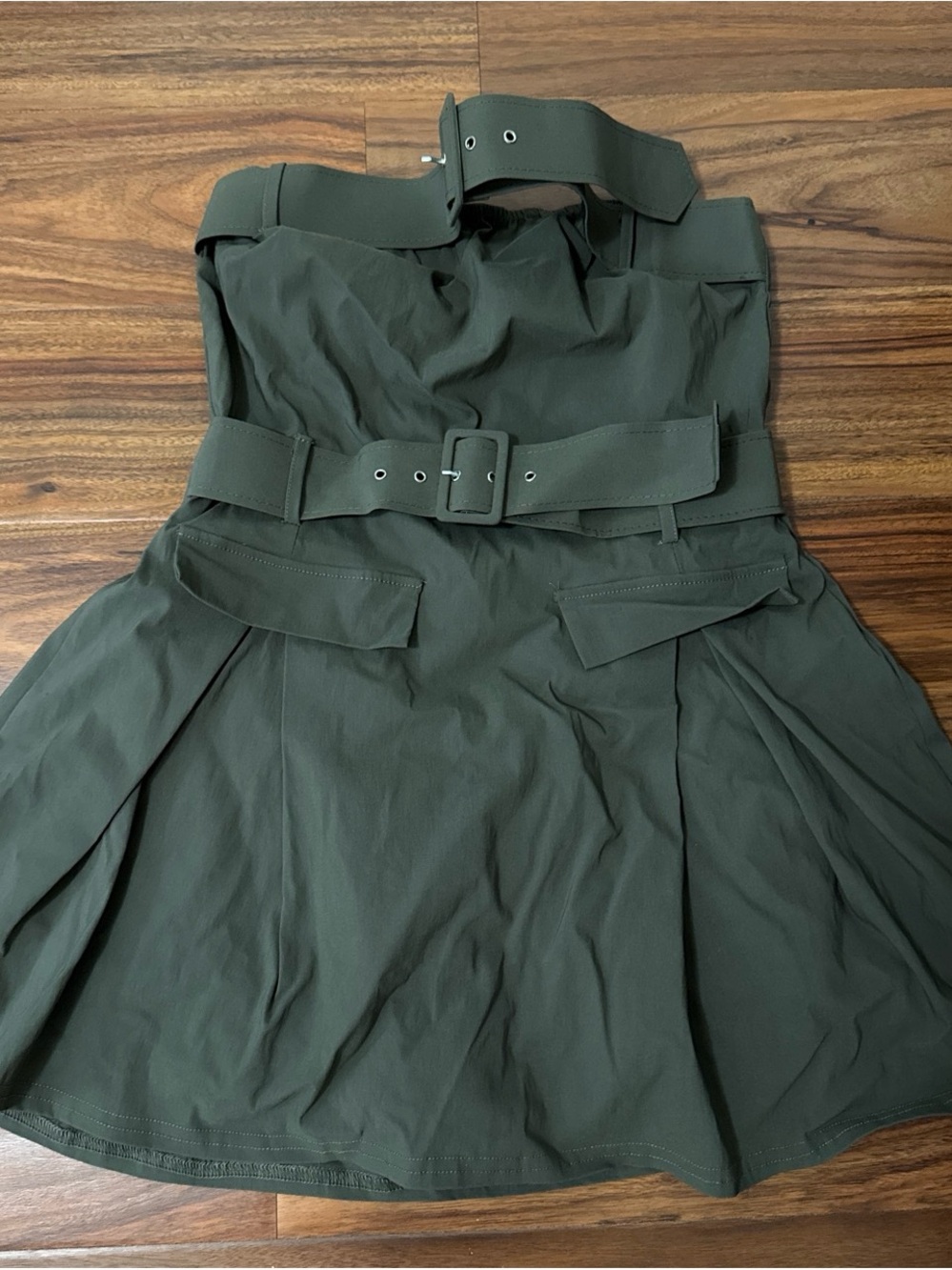 Fashion Nova Olive Strapless Belted Skater Dress